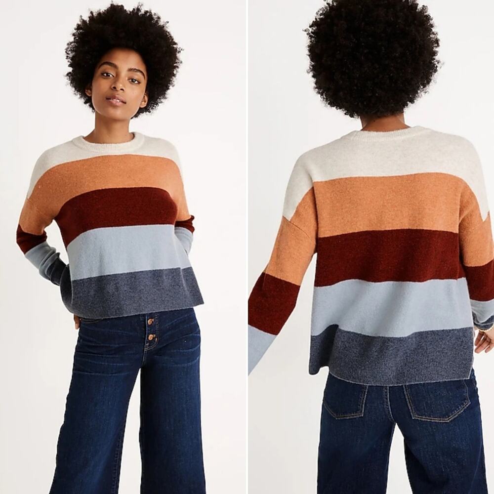 Madewell Crofton Striped Pullover Sweater in Coziest Yarn in Heather Sesame Sz M